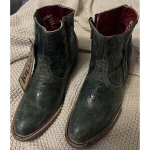 Ferrini Womens Fringe Leather Boots Booties Ankle Handcrafted Turquoise 6.5 NWT